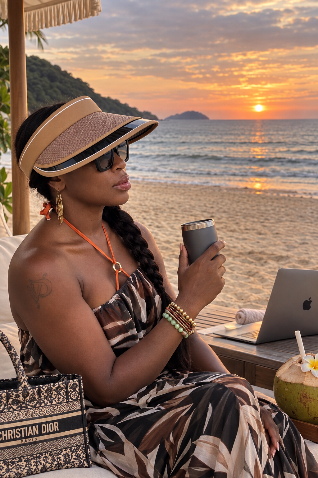 Vanessa in a sun visor on the beach in Da Nang at dusk