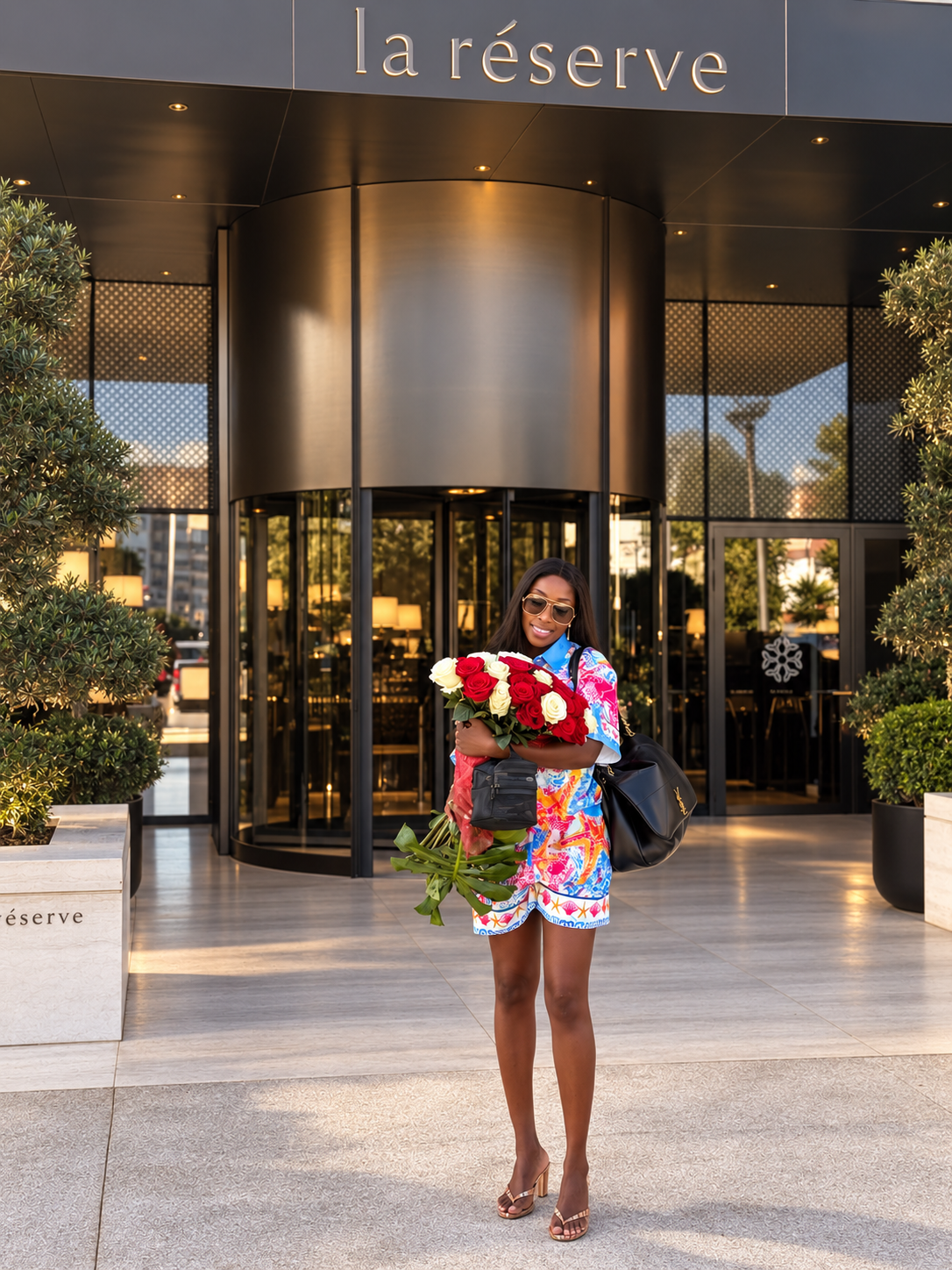 Vanessa arriving at the La Réserve hotel entrance holding a large bouquet of roses