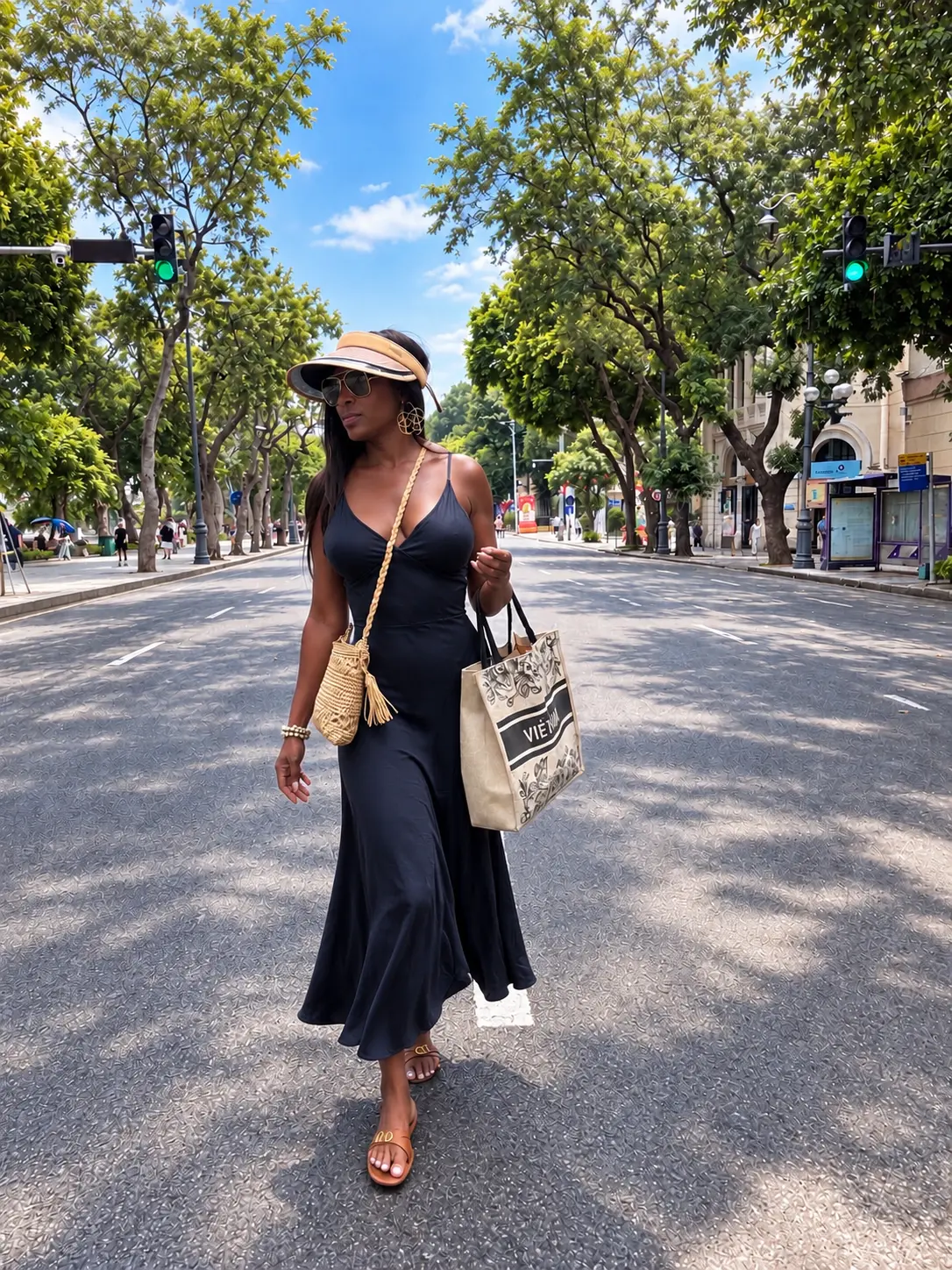 Vanessa in a navy slip dress and straw hat walking across a tree-lined city boulevard