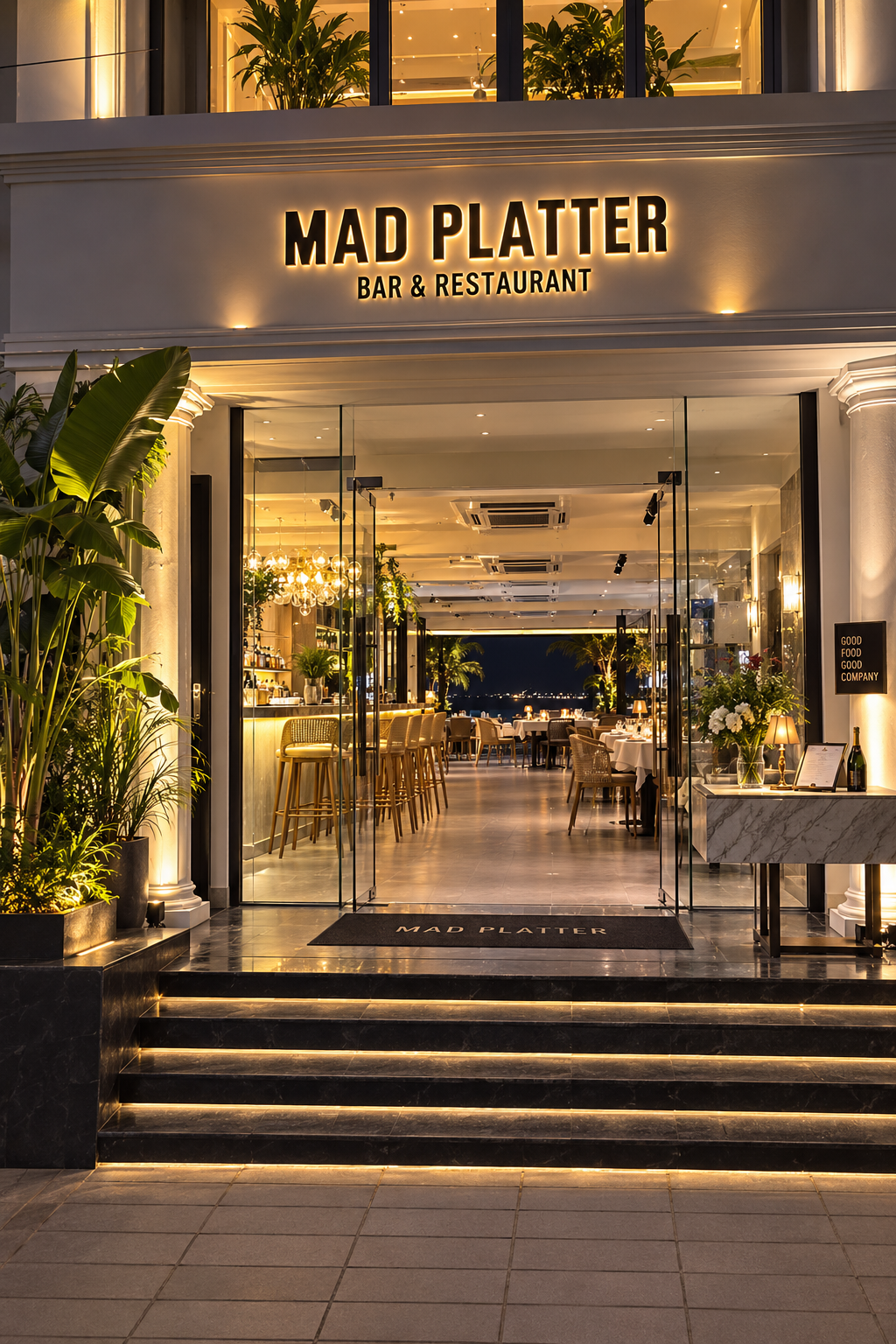 The lit street entrance of Mad Platter Bar & Restaurant in Da Nang at night