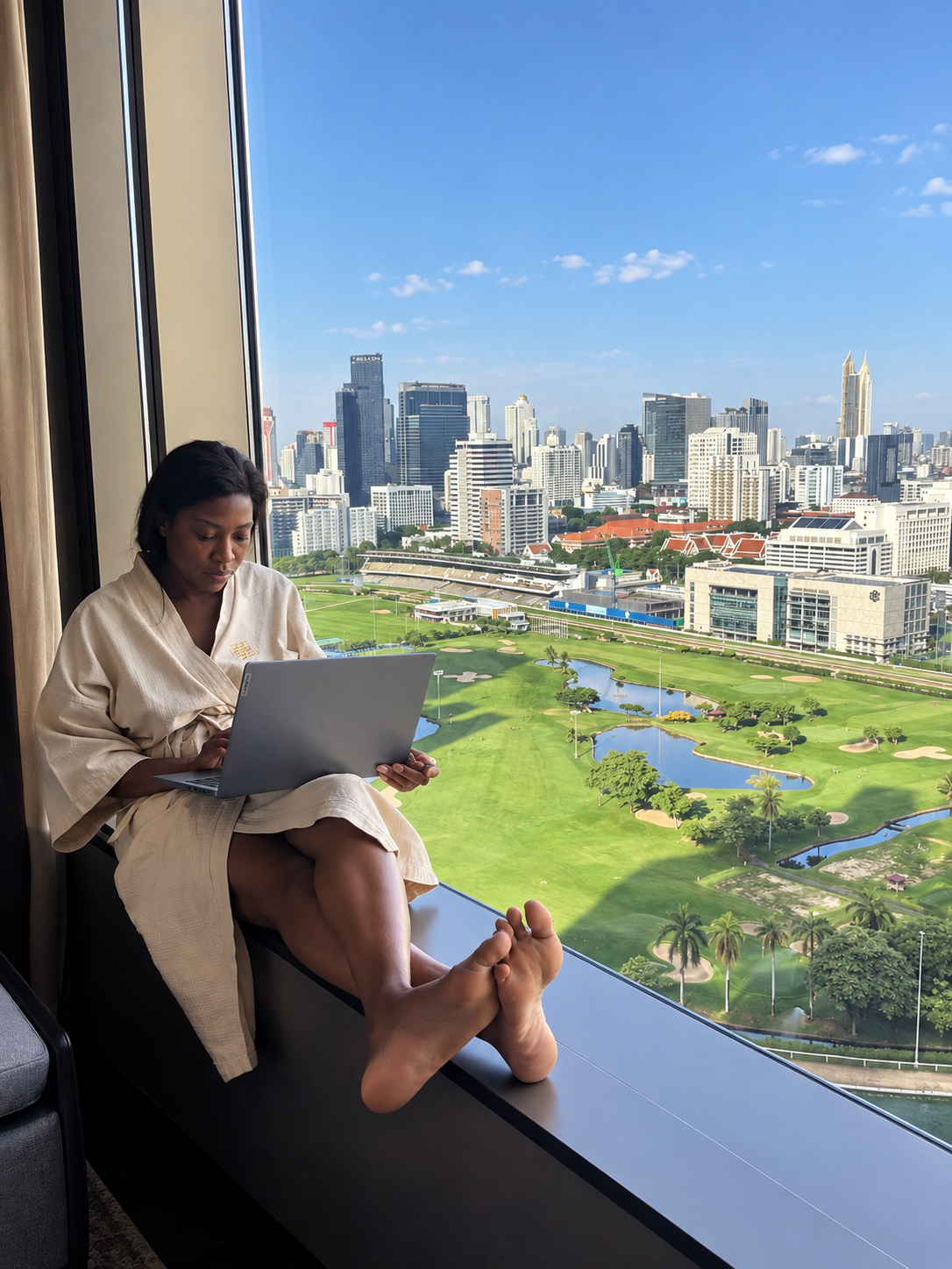 Vanessa working on her laptop in a robe on a hotel window seat above a city skyline