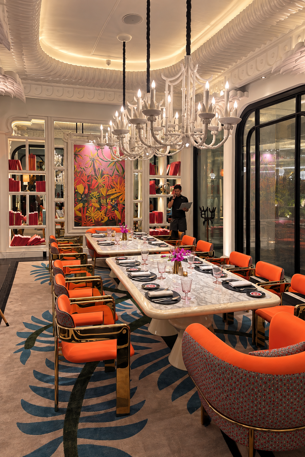A pastel dining room in Da Nang with white chandeliers and coral velvet chairs